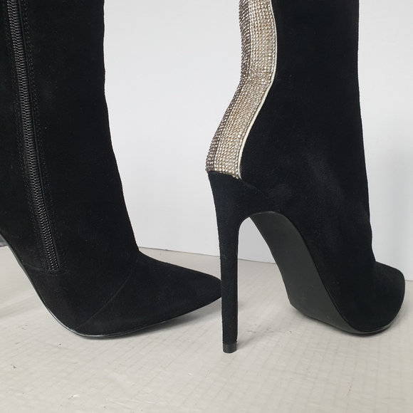 Steve Madden Wagu Black Suede Mid Calf Stiletto Booties w/ Rhinestone Back 7.5 - Picture 14 of 17